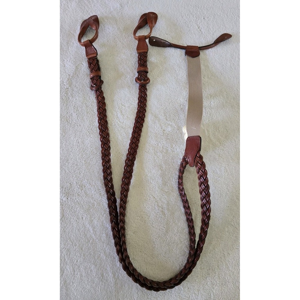 Vintage Button Suspenders Braided Leather Back Tan Beige Western USA Style